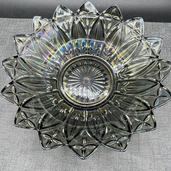 Federal Glass Bowl Petal Pattern Smoke Iridescent Amethyst Carnival 10.25" Vtg - Picture 4 of 12